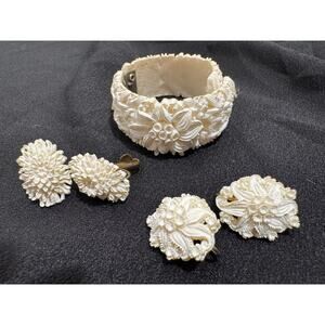 Vintage Intricately Carved Meerschaum Floral Bracelet and 2 Clip Earrings Set